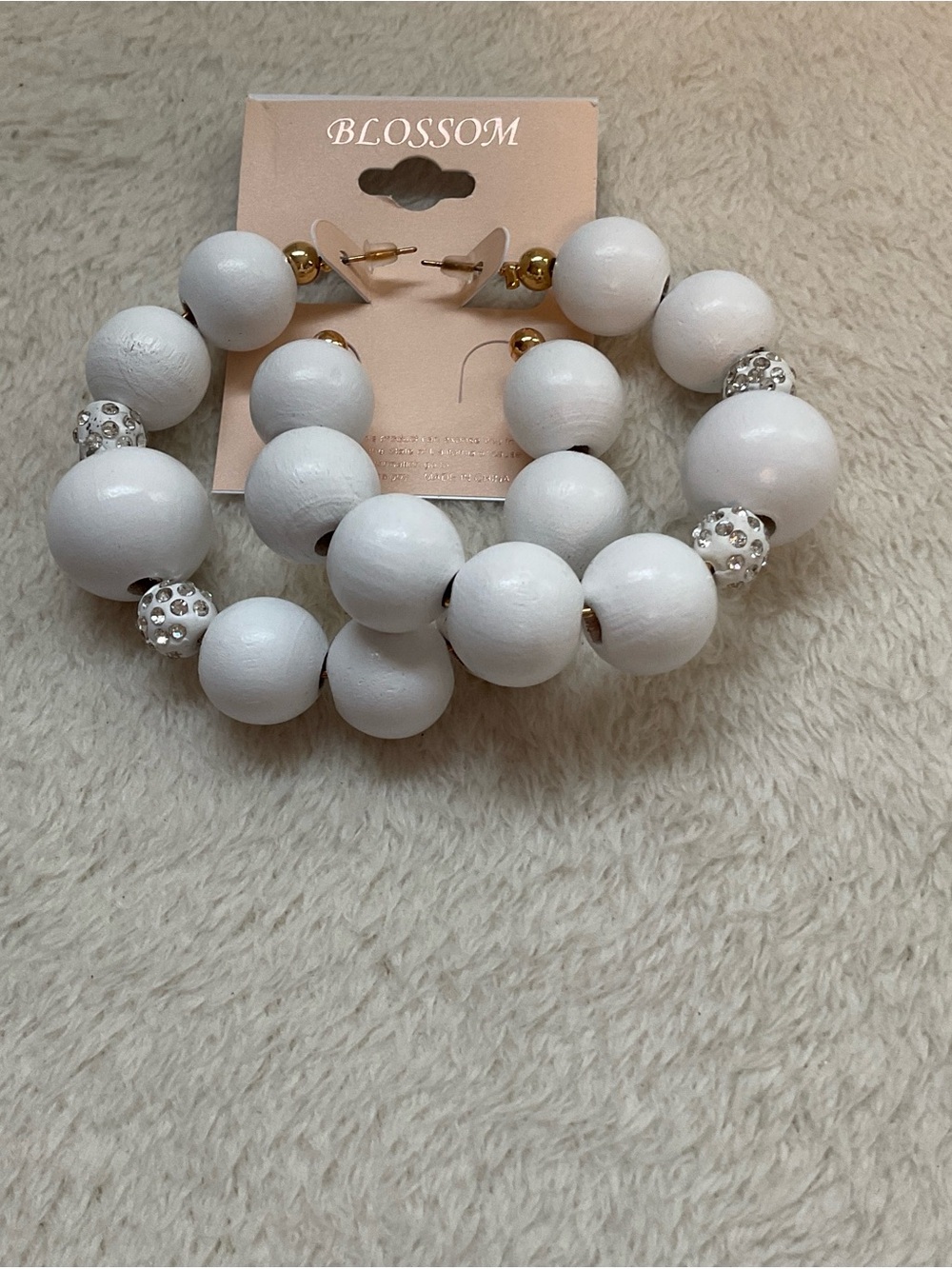 Blossom White Beaded Hoop Earrings with Rhinestone Detail